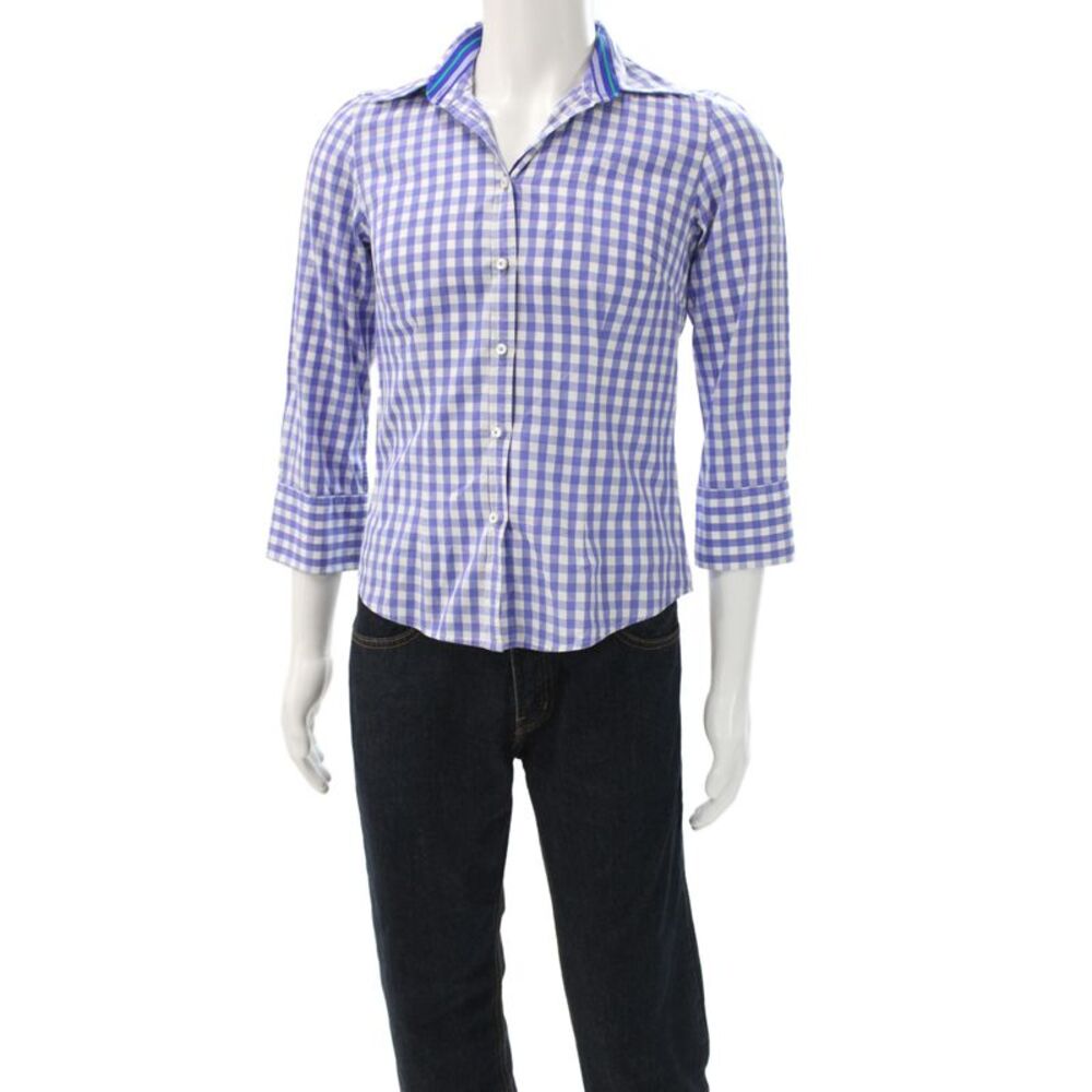 J. Mclaughlin Mens Spread Cotton Check Button Up 3/4 Sleeve Blue Size 6